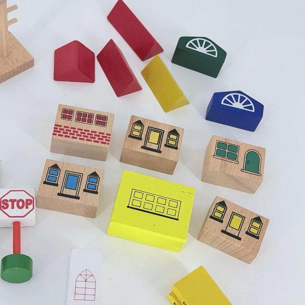 Wooden Railway Train Accessories Lot 45 Pc Figures Signs Buildings Trees